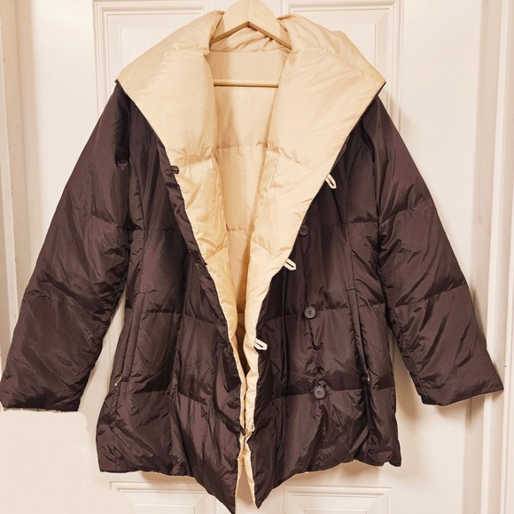 Zara Brown white reversible hooded quilted puffer jacket winter cozy size L - Picture 1 of 14